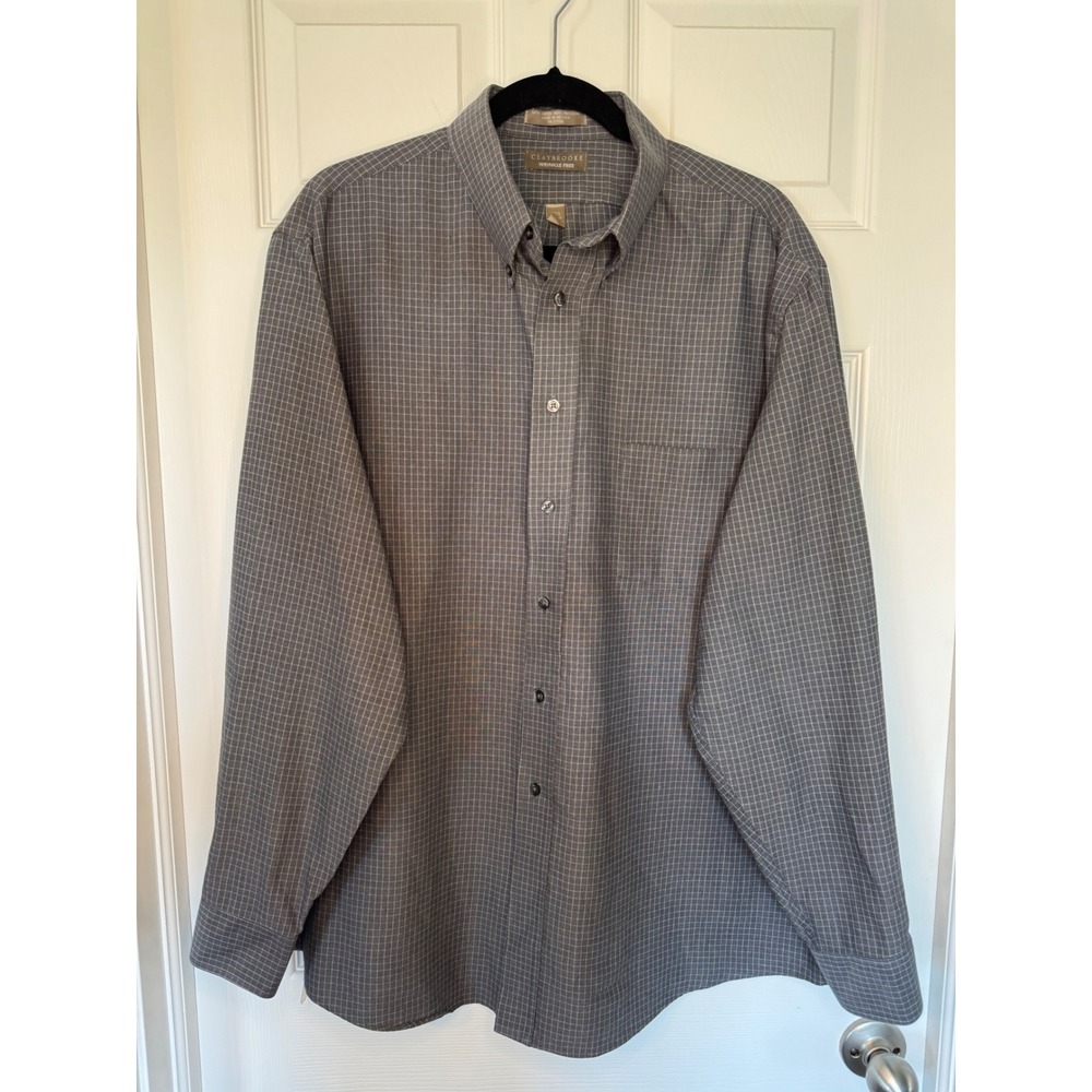 Claybrooke Mens Wrinkle Free Gray Grid Button Down Shirt XL 17.5 36/37